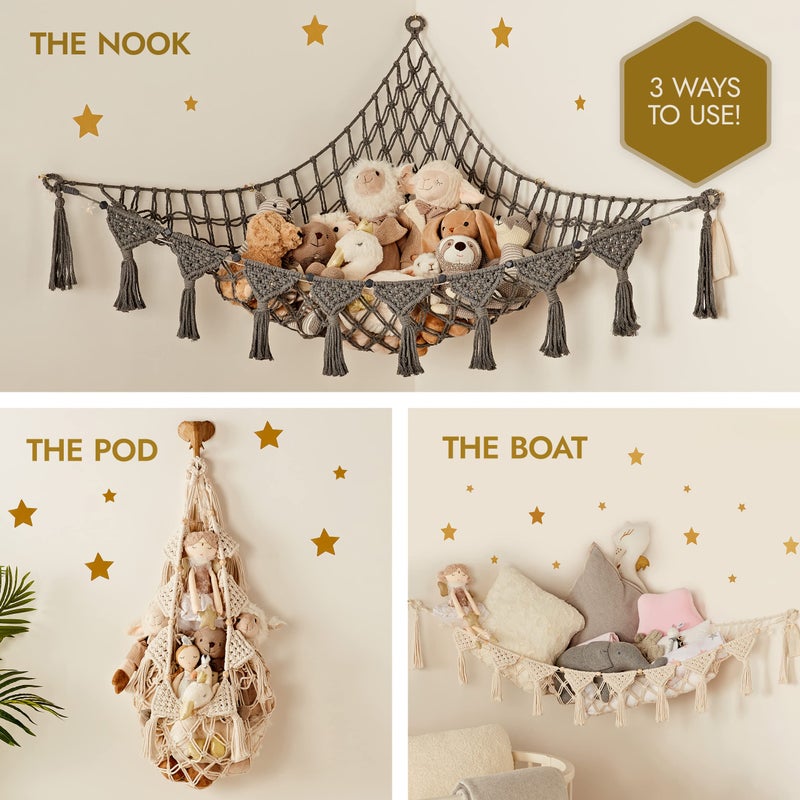 TIDYTEDS Macrame DreamLights Boho Stuffed Animal Storage Net Hammock Extra Large Plush Toy Storage Holder For Small Or Large Plushies Cream - Image 4